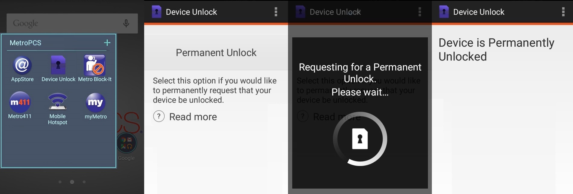 Device Unlock is an Android app that allows you to request and apply a MetroPCS mobile device unlock directly from the device